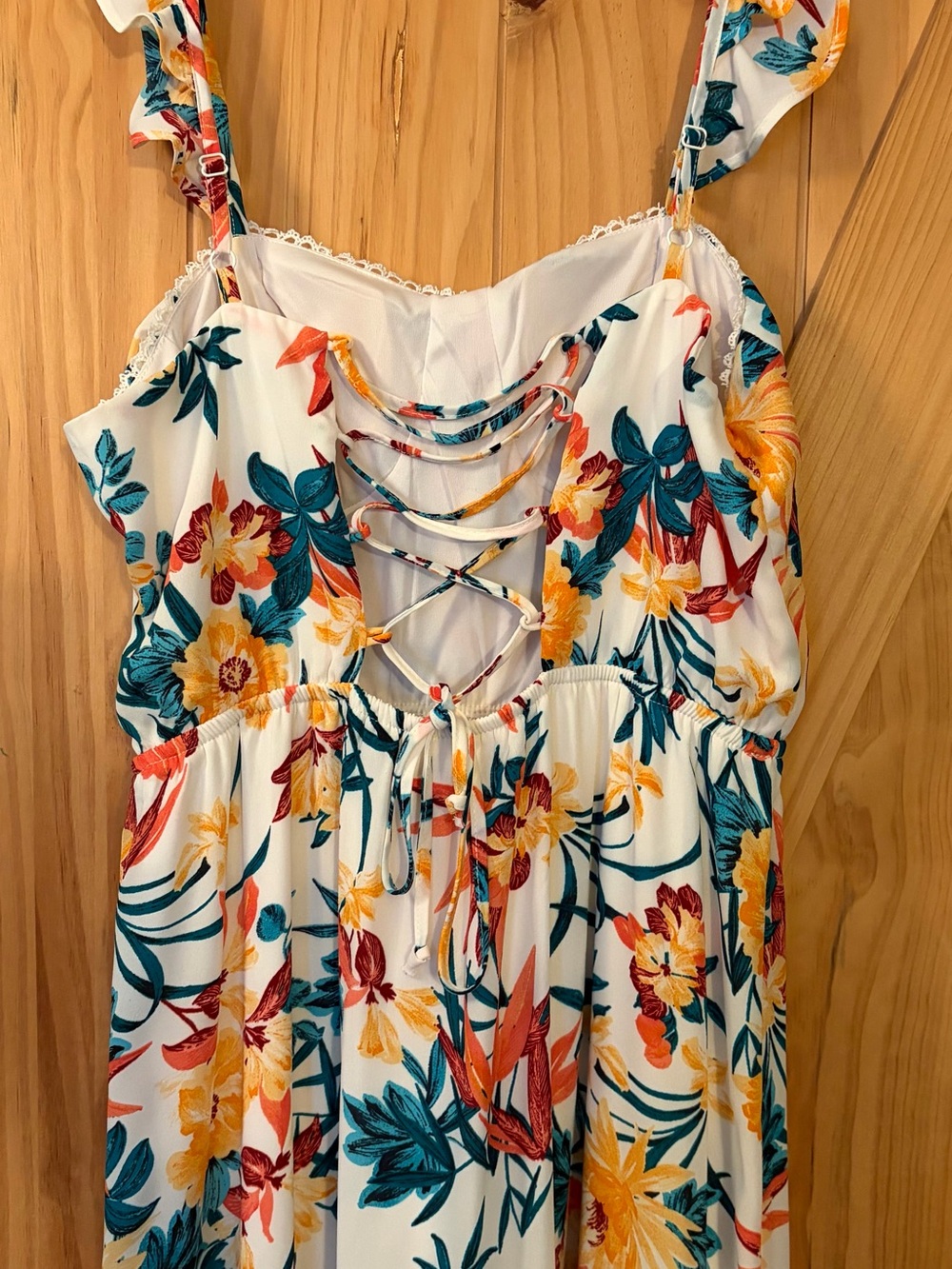White Floral Sundress with Yellow & Teal Blooms - Picture 2 of 2
